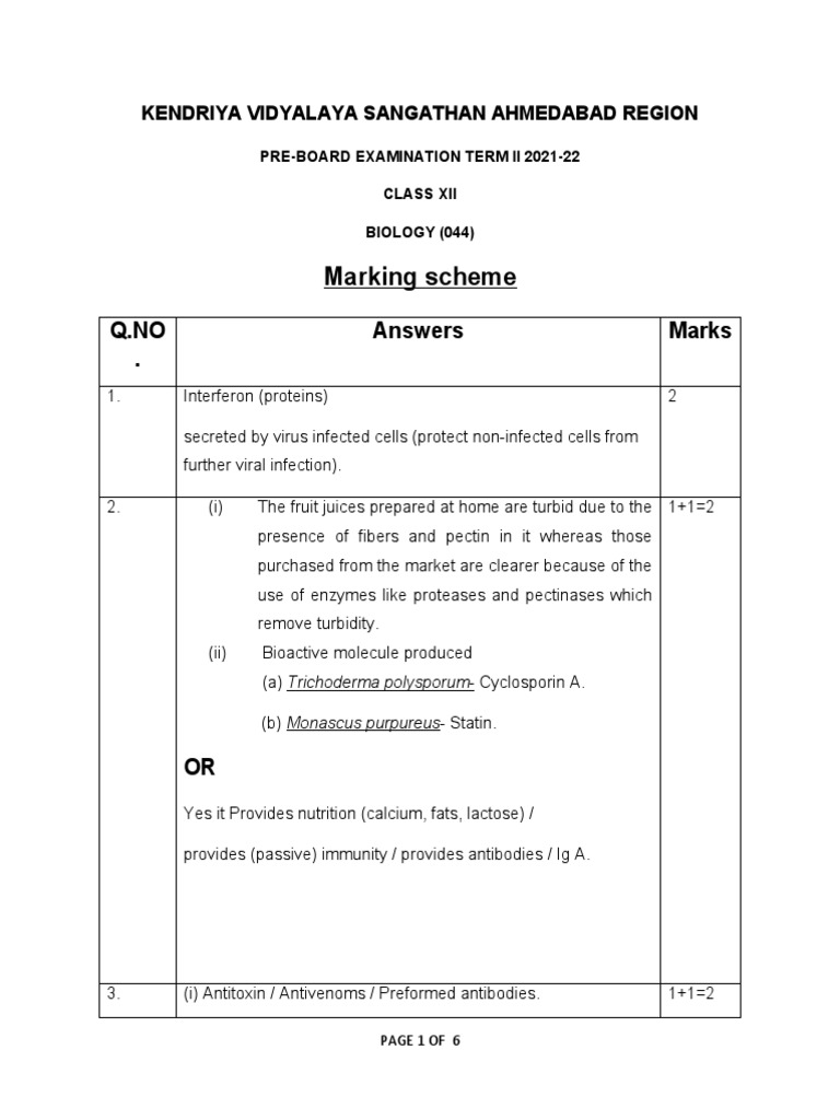 Xii Biology Marking Scheme Pre Board Examination Term - 2 | PDF ...