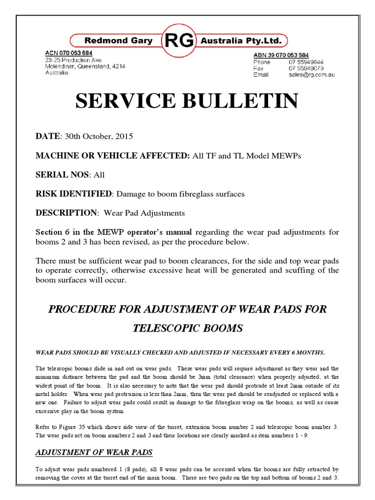 Service Bulletin Procedure For Adjustment of Wear Pads For Telescopic