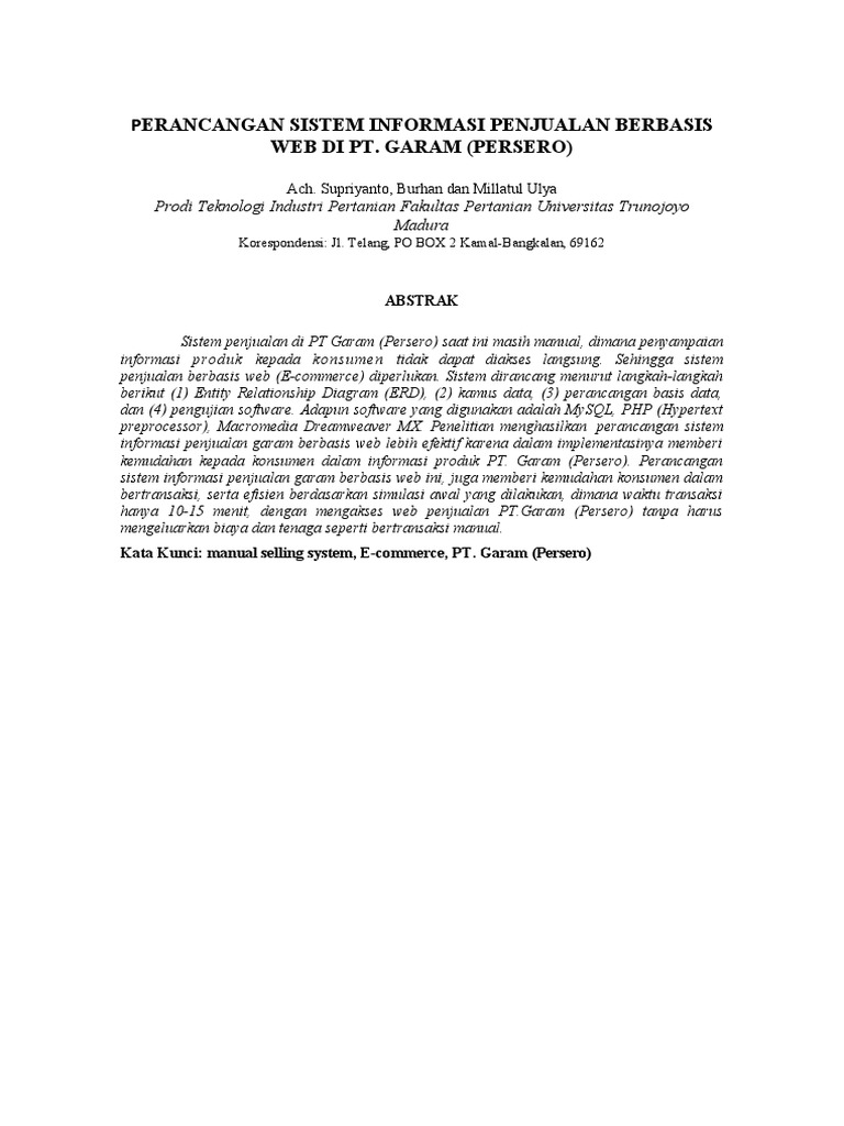Perancangan Sistem Informasi Penjualan Berbasis Web Di Pt Garam Persero