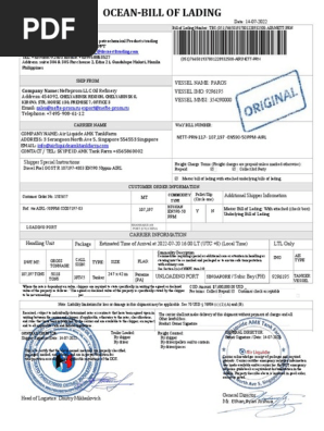 BILL OF LADING PAROS VESSEL