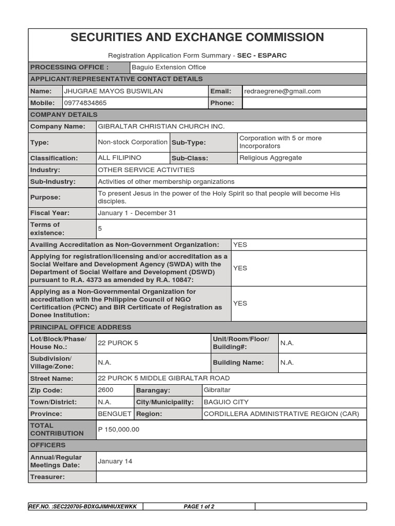 SEC Registration Summary for Gibraltar Christian Church | PDF | Government