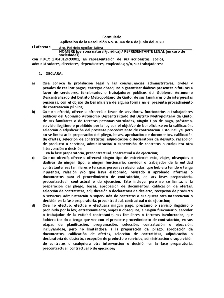 Declaración de Integridad Formulario 044 | PDF | Corrupción política ...