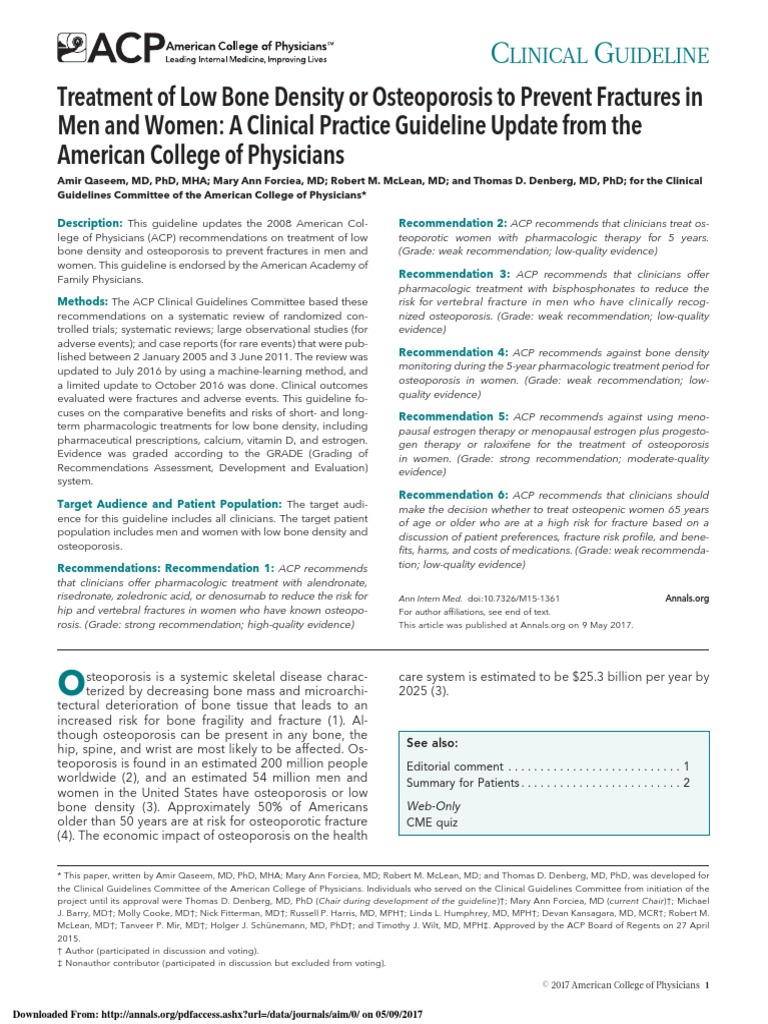 2017 Guidelines ACP Osteoporosis PDF Osteoporosis Hormone