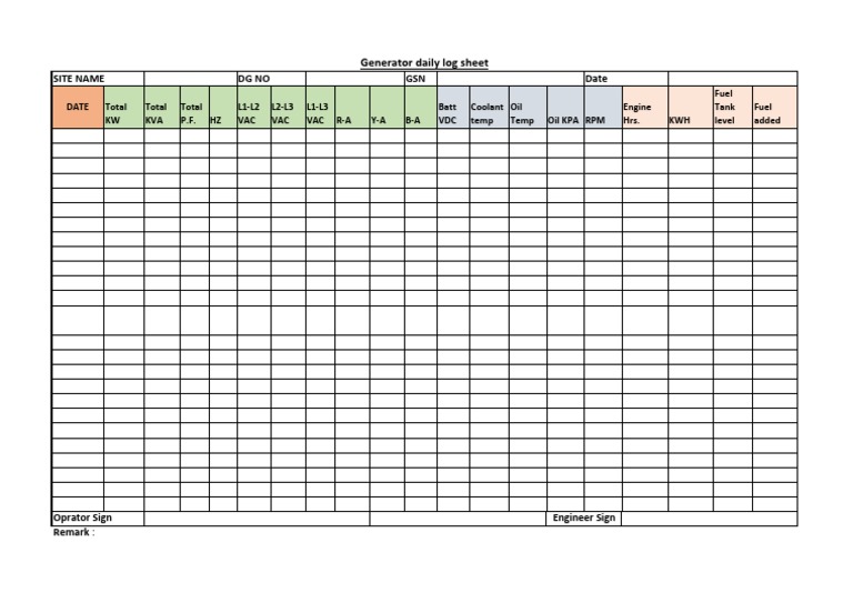 Generator Daily Log Sheet Template | PDF