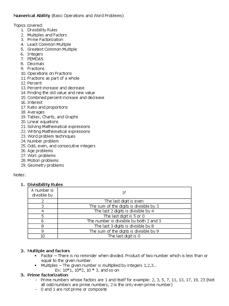 Numerical Ability (Basic Operations and Word Problems) | PDF ...