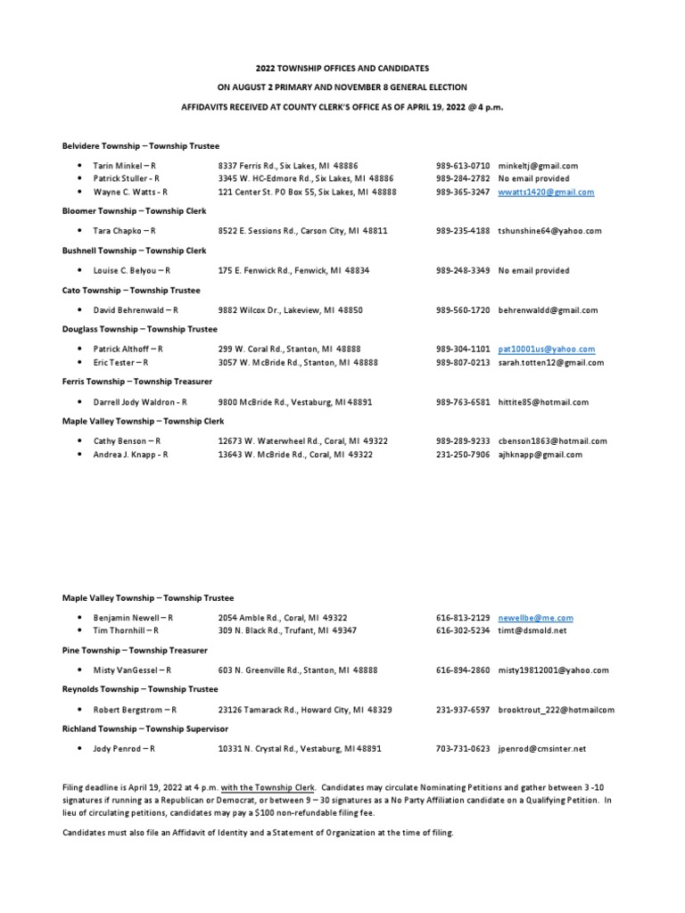Montcalm County August Township Candidates PDF