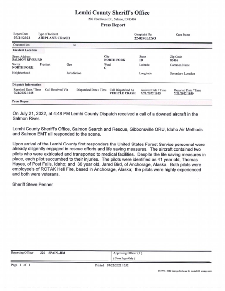Lemhi County Sheriff's Office On Salmon Helicopter Crash PDF
