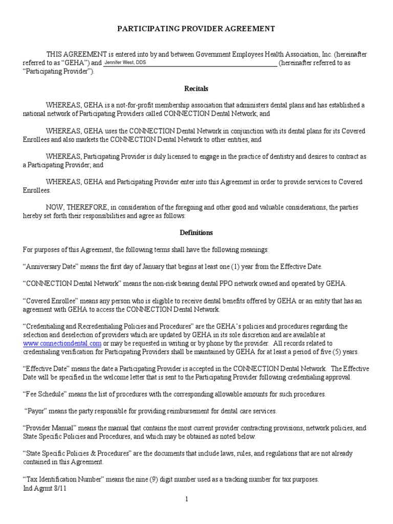 Geha Participating Provider Agreement Fillable PDF Arbitration