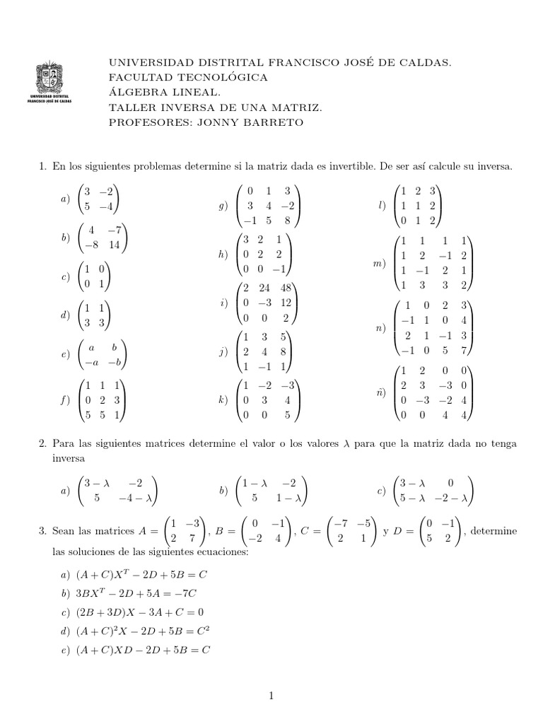 Taller de Inversa de Matrices | PDF | Matriz (Matemáticas) | Conceptos ...