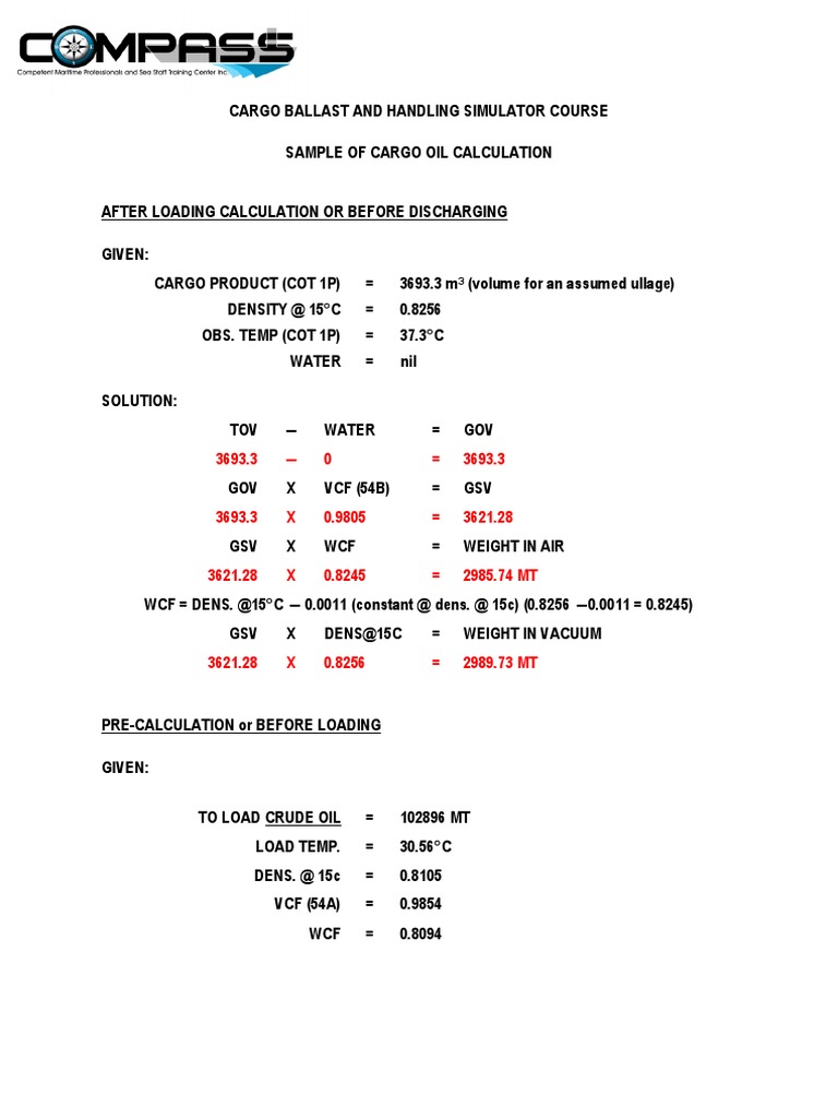 Oil Cargo Calculation Sample PDF