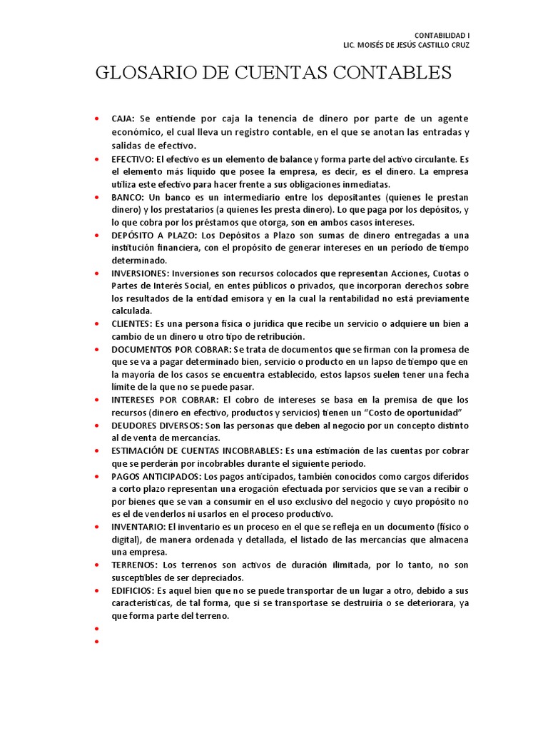 Glosario de Cuentas Contables | PDF | Contabilidad | Bancos