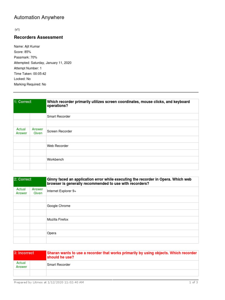 Automation Anywhere Recorders Assessment PDF World Wide 