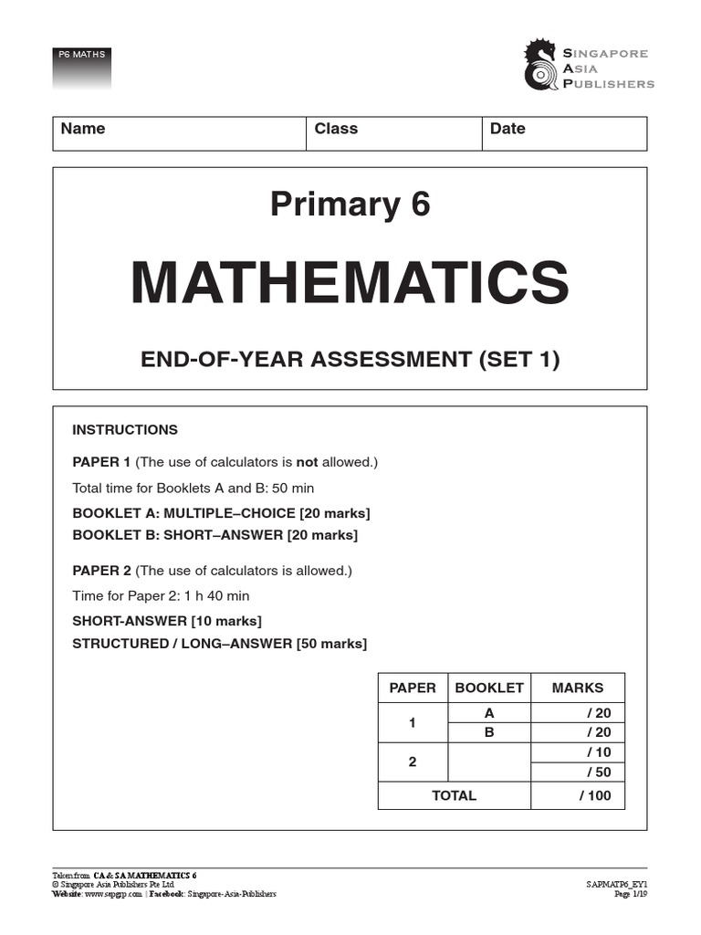 P6MATHS - End of Year Set 1 | PDF | Area | Rectangle
