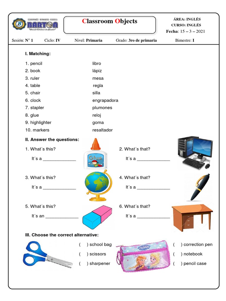 Exercise 1 Classroom Objects 3 Grade Pdf