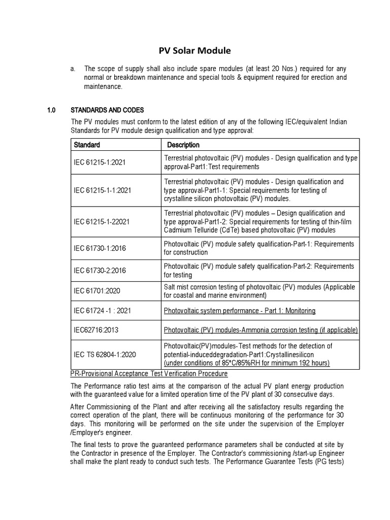 Requirements and Standards for PV Solar Modules and Performance Ratio