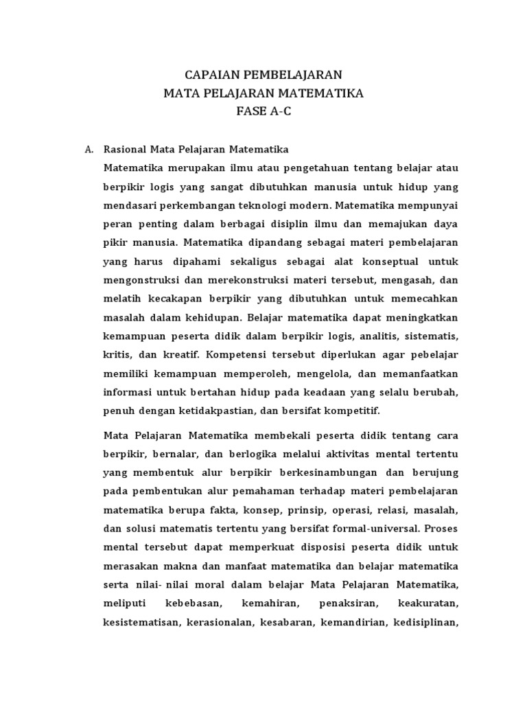 Capaian Pembelajaran Matematika Fase A-C | PDF | Metode & Bahan Ajar