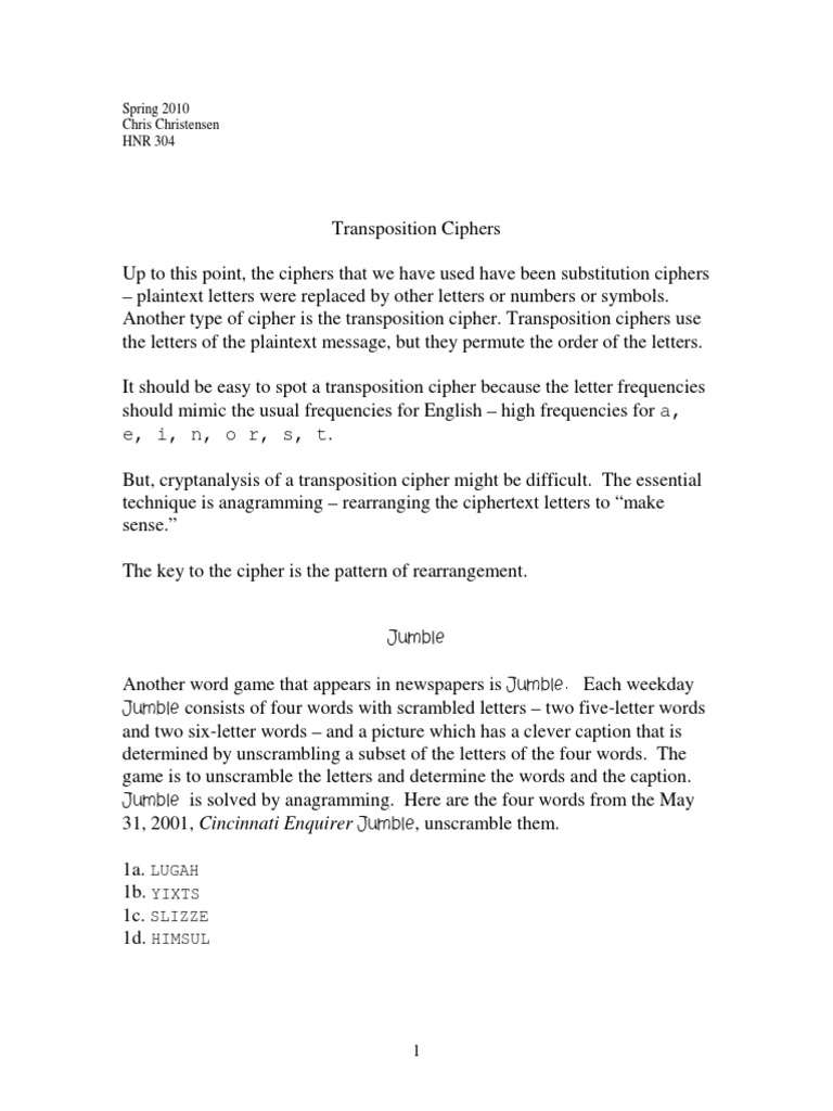 092hnr 304 Section 9 Transposition | PDF | Cipher | Cryptography