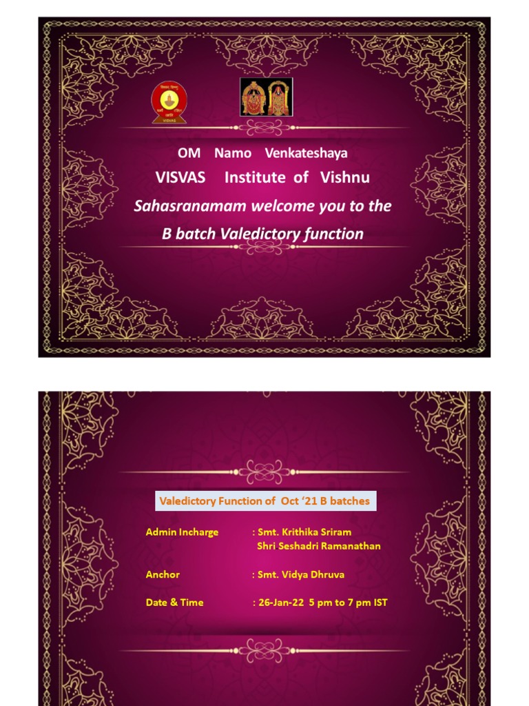 VISVAS Institute of Vishnu Sahasranamam Welcome You To The B Batch ...