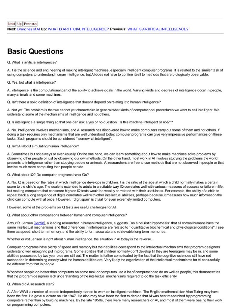 Basic Questions: Next: Up: Previous | PDF | Artificial Intelligence ...
