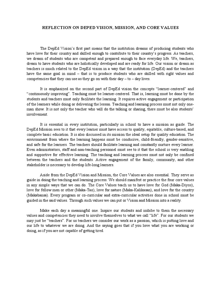 DepEd Vision, Mission, and Core Values Reflection | PDF | Teachers ...