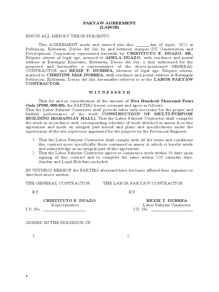 Pakyaw Labor Contract Agreement | PDF | Private Law | Government