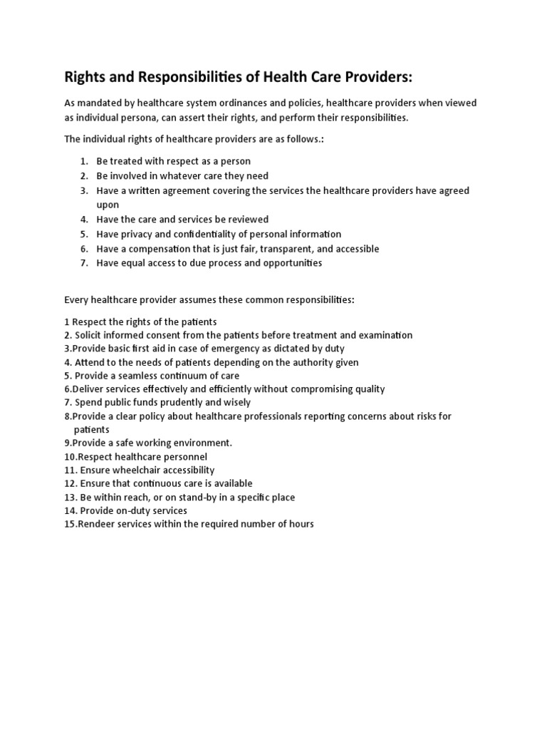 Rights and Responsibilities of Health Care Providers | PDF | Health ...