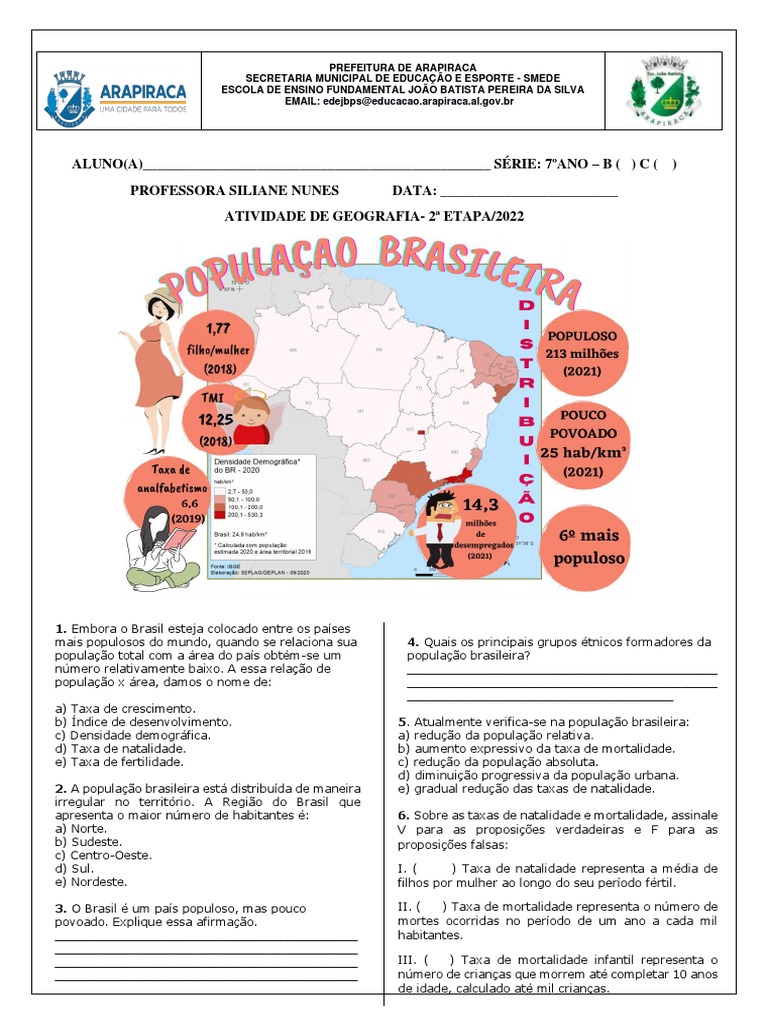 Atividades de Demografia para 7º Ano | PDF | Crescimento populacional ...