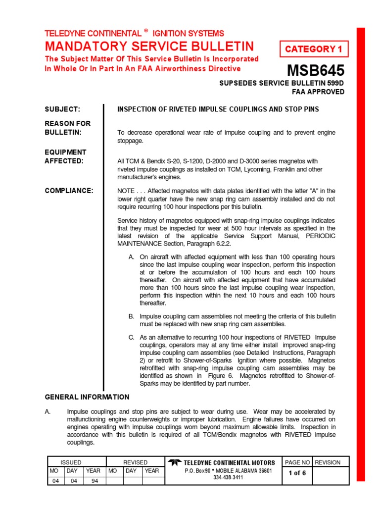 Service Bulletins For Engine Model I0360kb.3 | PDF | Ignition System ...