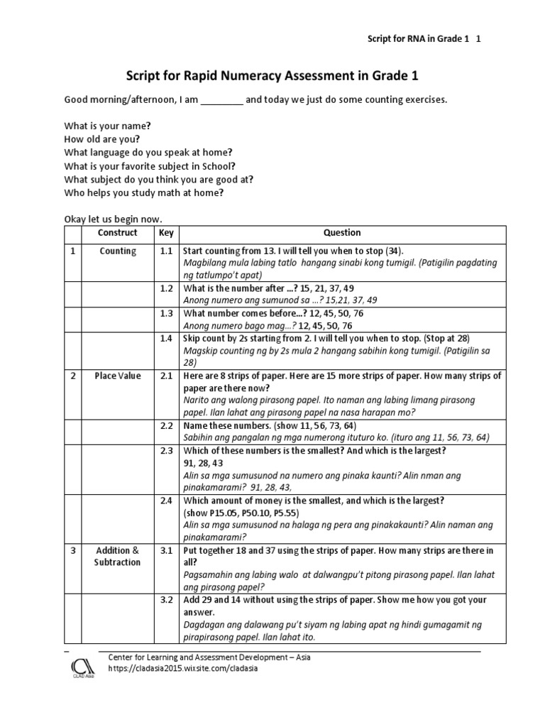 Script For Rapid Numeracy Assessment in Grade 1 | PDF
