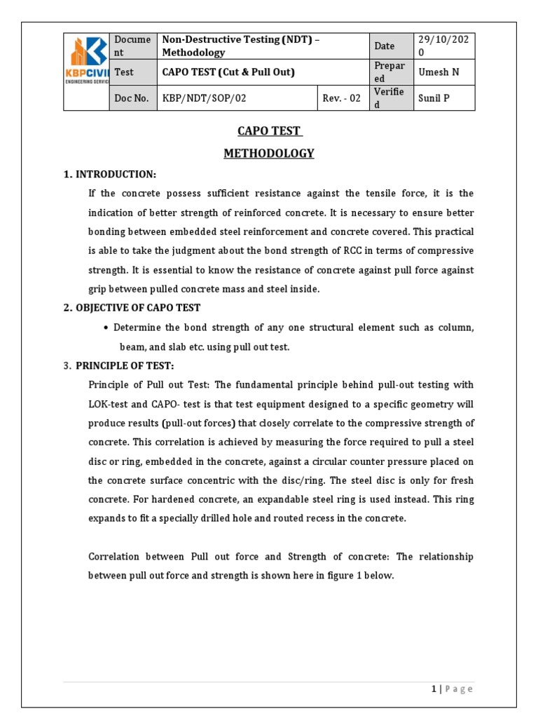 Non-Destructive Testing (NDT) - Methodology CAPO TEST (Cut & Pull Out ...
