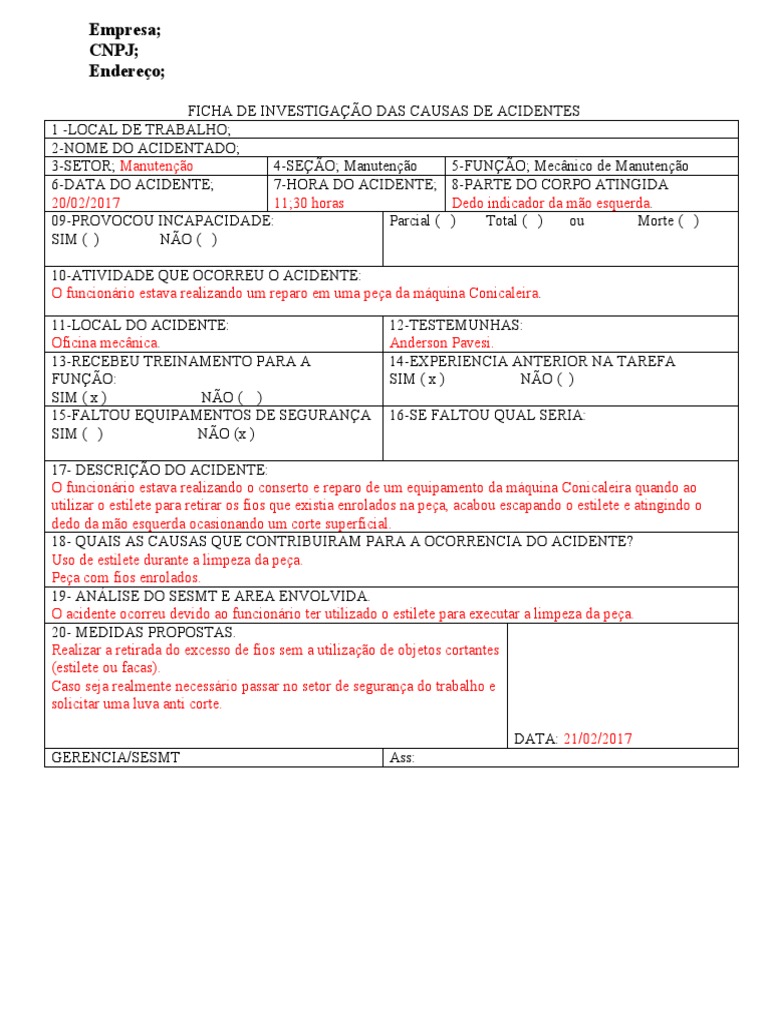 Ficha de Investigação de Acidentes PDF