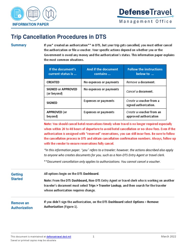 Trip Cancellation Procedures in DTS Download Free PDF Voucher Fee