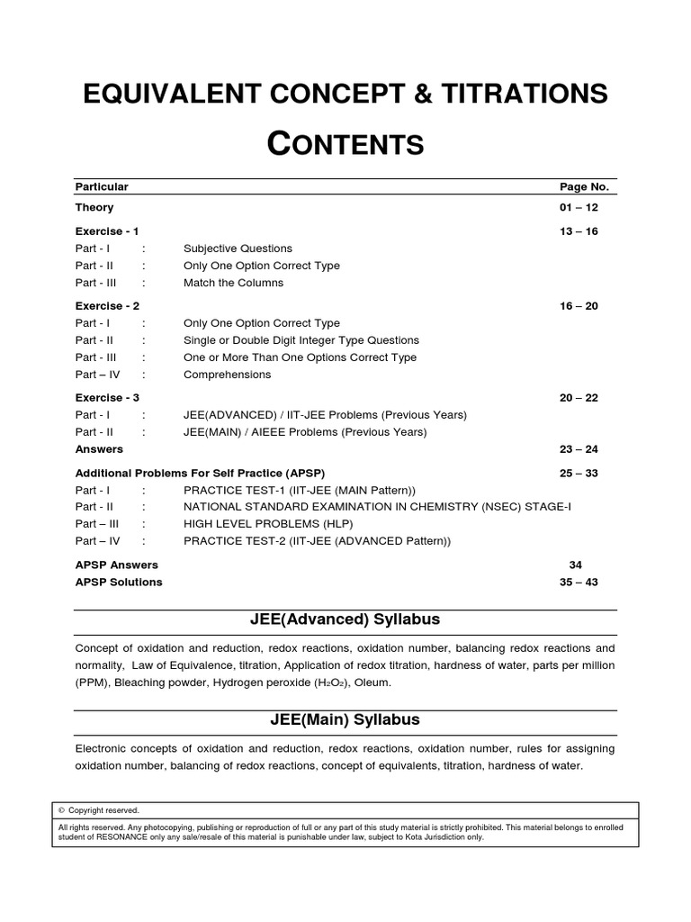 Equivalent Concept & Titrations Ontents JEE (Advanced) Syllabus PDF