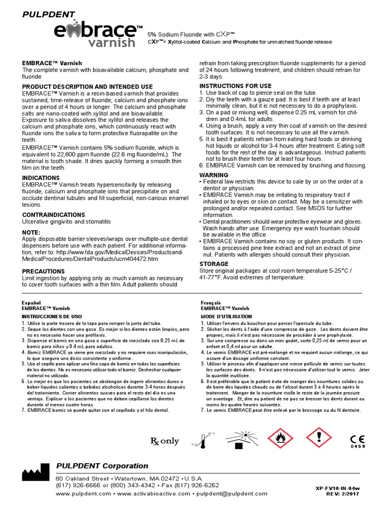 Pulpdent Embrace Varnish Ifu PDF Fluoride Chemical Substances