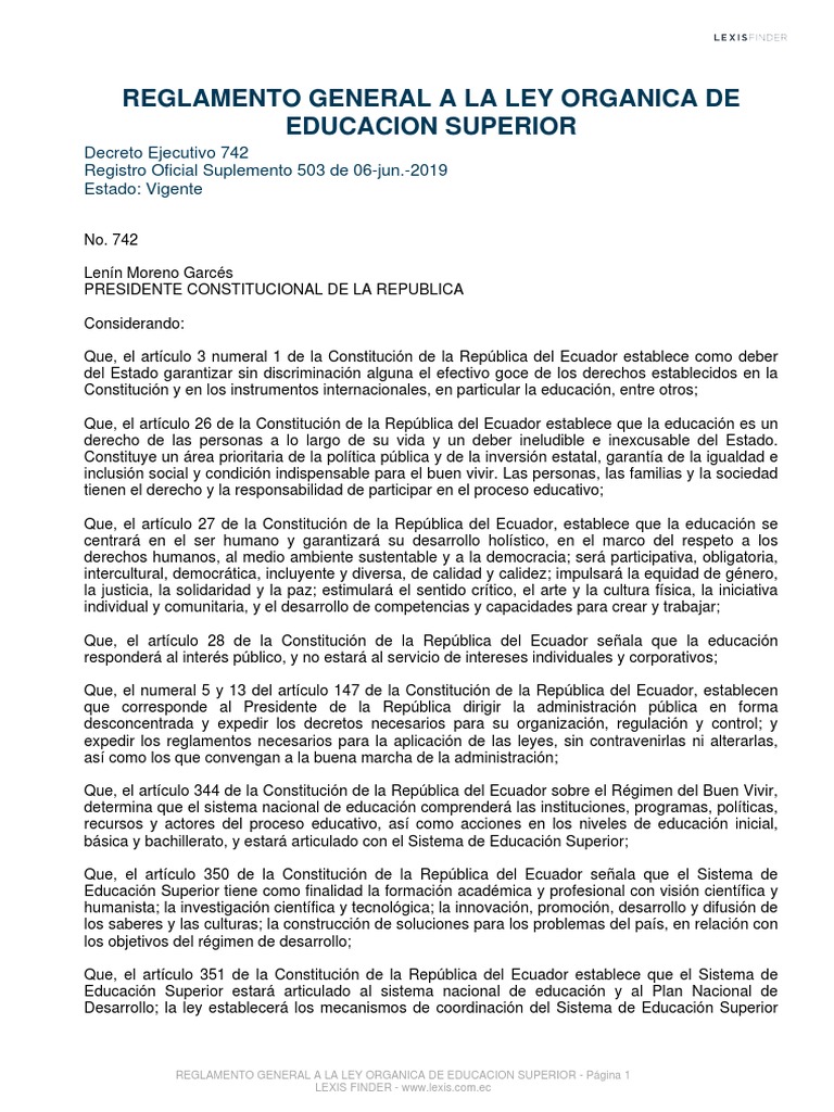 Reglamento General A La Ley Organica de Educacion Superior | PDF ...