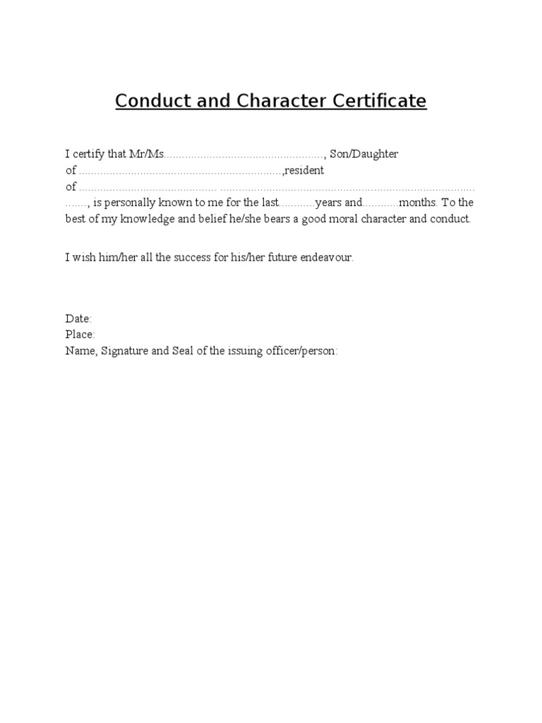 Conduct and Character Certificate  PDF Regarding Good Conduct Certificate Template