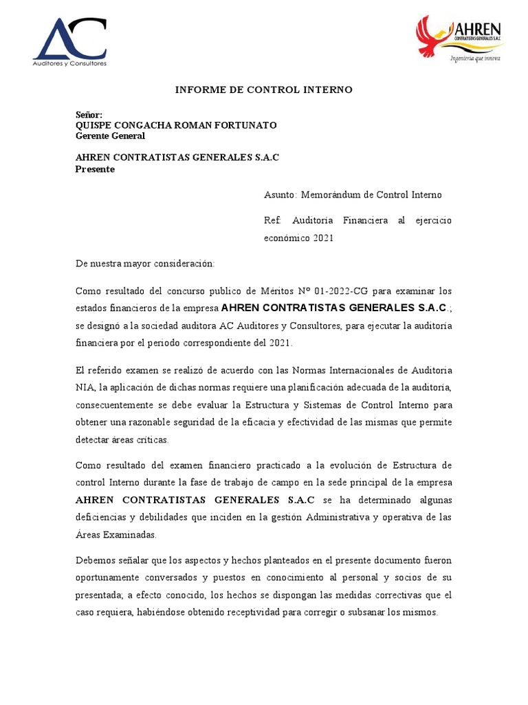 Informe de Auditoría de Control Interno | PDF | Auditoría | normas ...