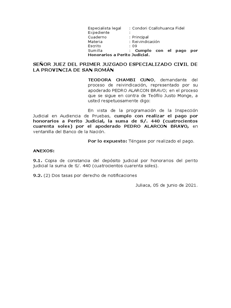 Escrito-Cumplo Con El Pago Por Honorarios A Perito Judicial | PDF ...