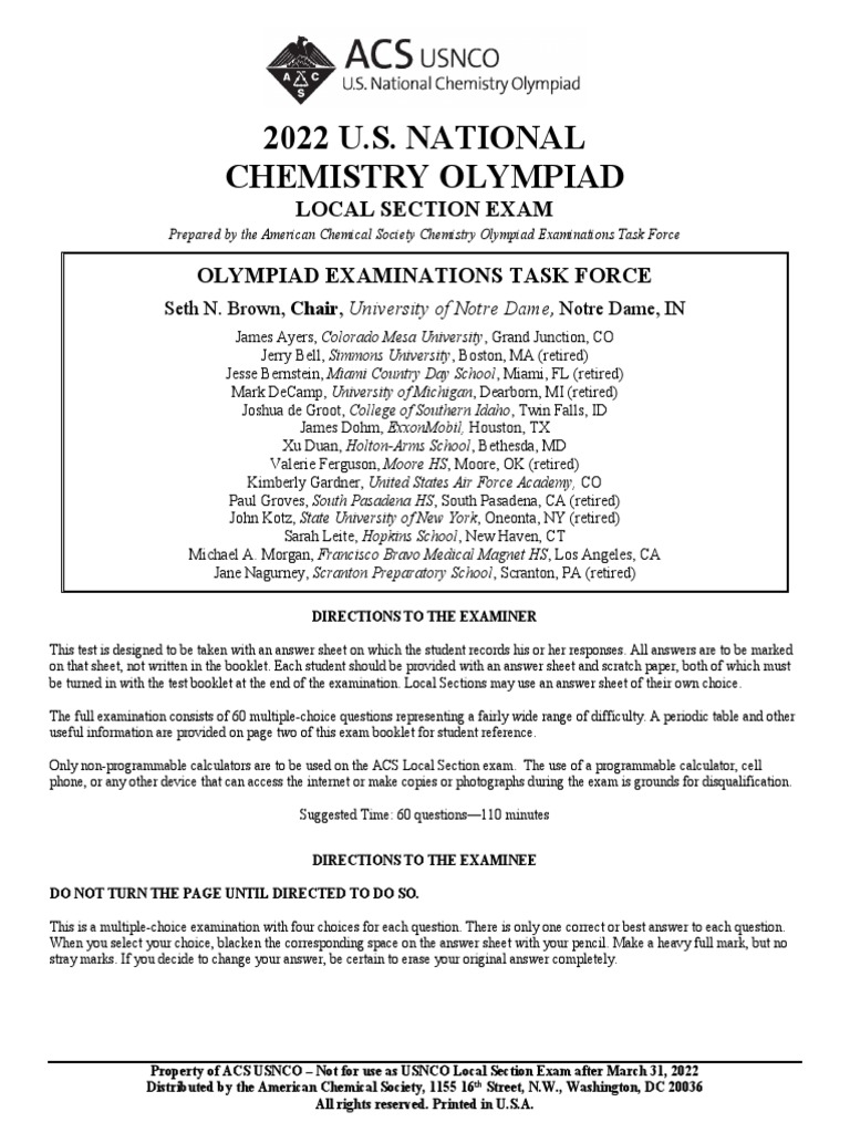 2022 U.S. NATIONAL Chemistry Olympiad Local Section Exam Olympiad