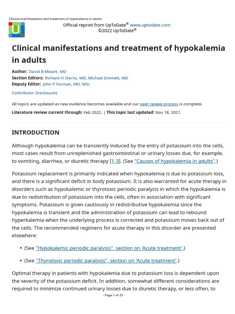 Clinical Manifestations and Treatment of Hypokalemia in Adults | PDF ...