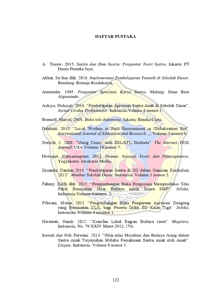 Daftar Pustaka Pembelajaran Sastra SD | PDF
