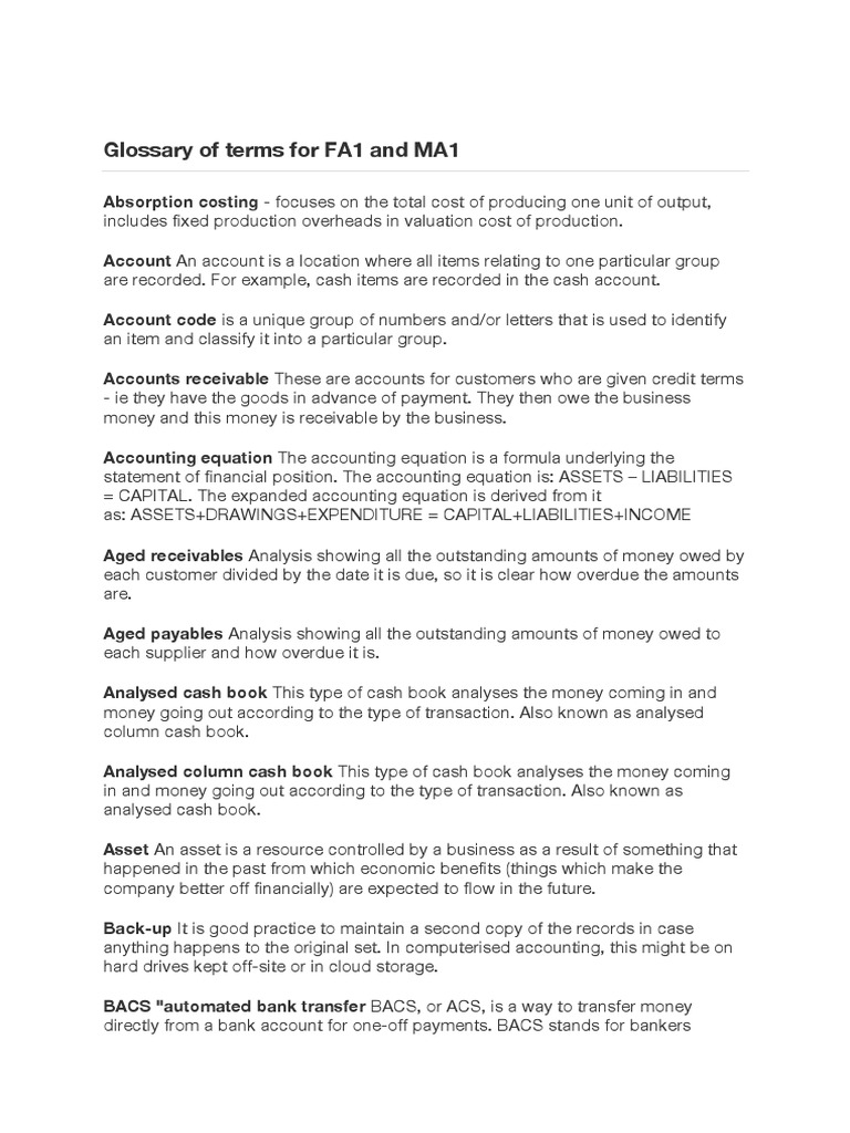 Glossary of Terms For FA1 and MA1 | PDF | Debits And Credits | Cheque