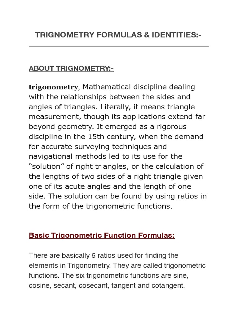 Trigonometry Formulas and Identities Guide | PDF | Trigonometry ...