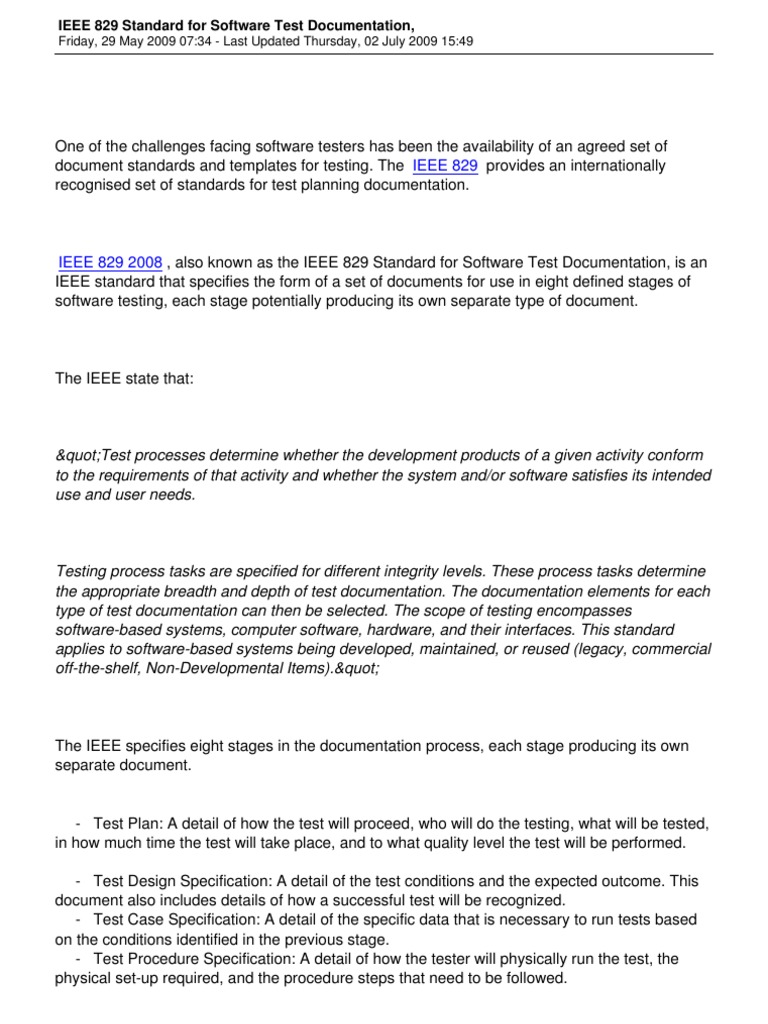 414 Ieee 829 Standard For Software Test Documentation Pdf Software Testing Specification Technical Standard