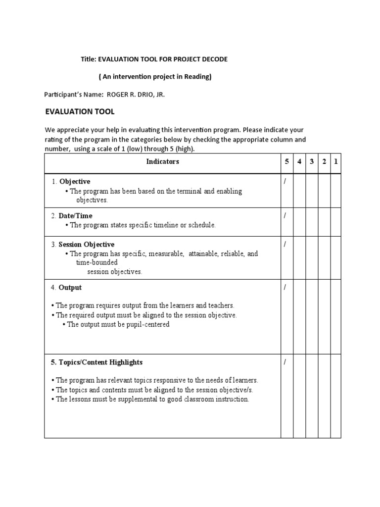 Evaluation Tool Title Evaluation Tool For Project Decode (An