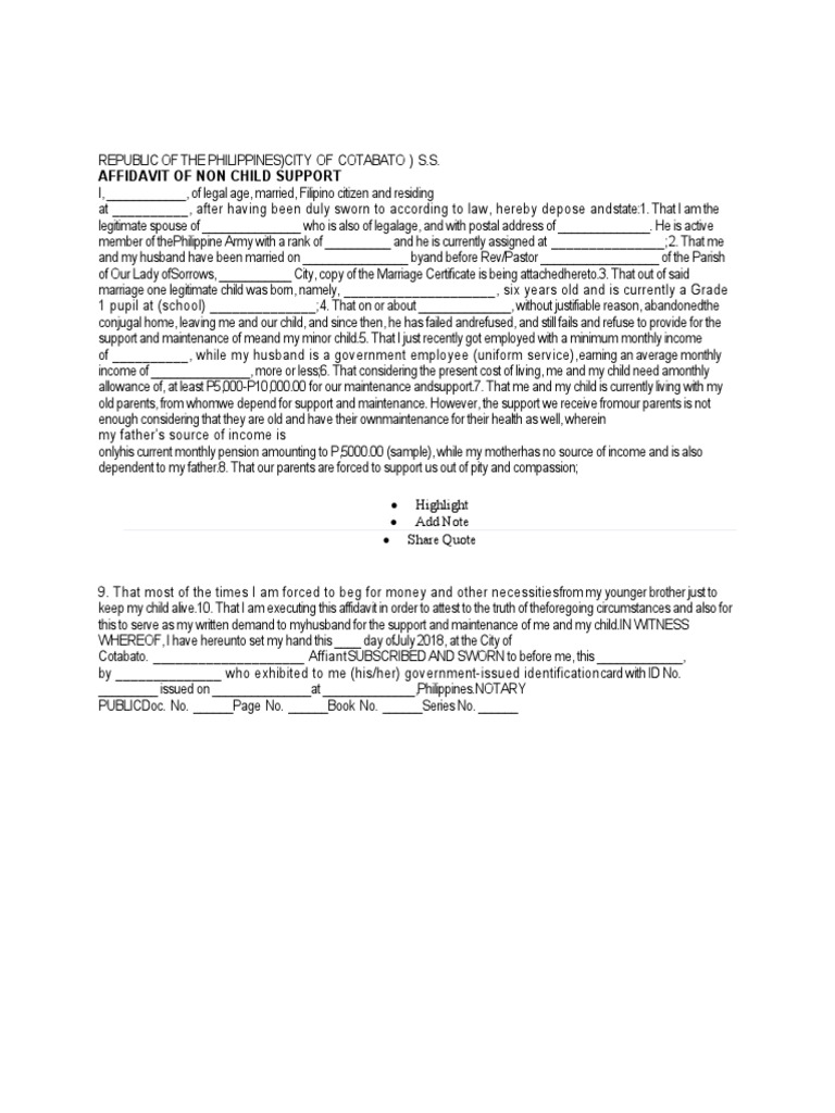Affidavit of Non-Support for Child | PDF | Marriage | Kinship And Descent