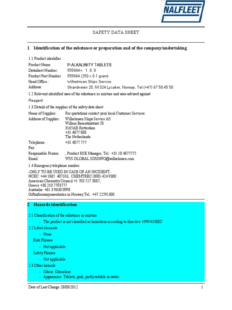P-Alkalinity Tablets Safety Data Sheet | PDF | Chemical Substances ...