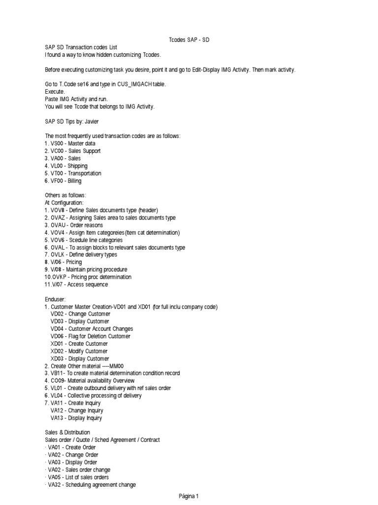 SAP SD Transaction Codes Guide | PDF | Taxes | Microeconomics