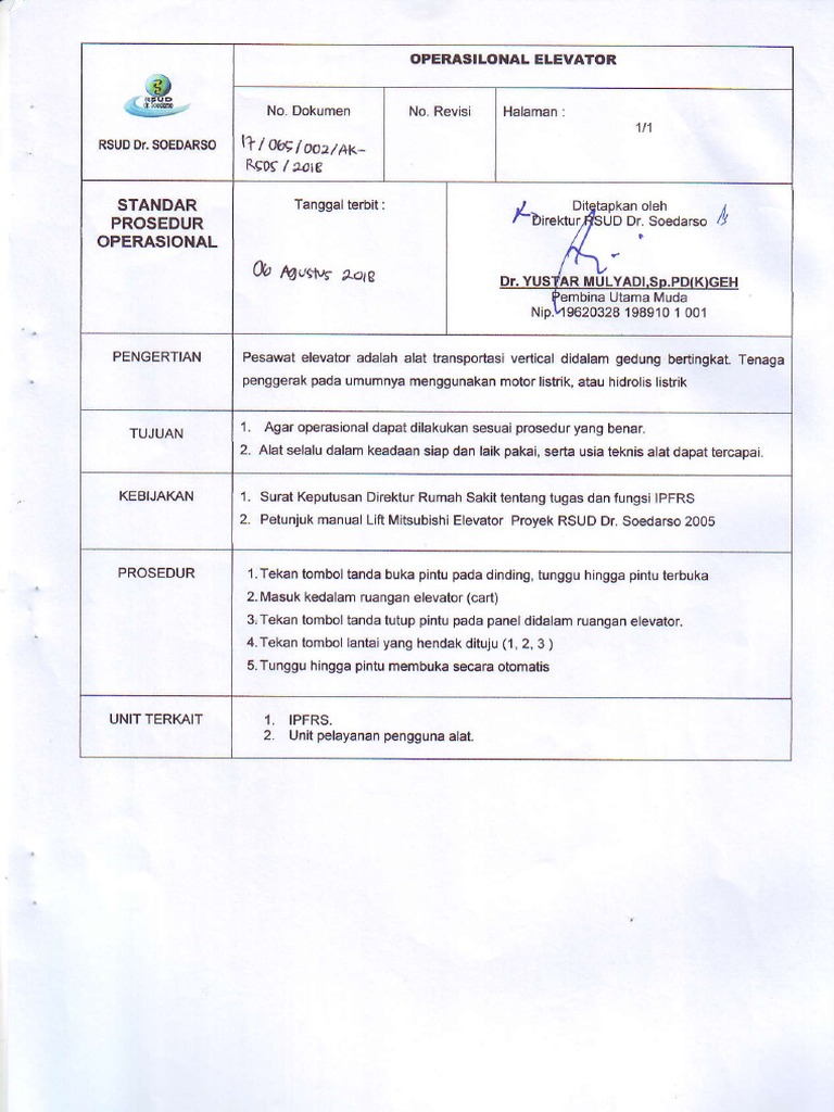 Prosedur Operasional Elevator RSUD | PDF | Teknologi & Rekayasa