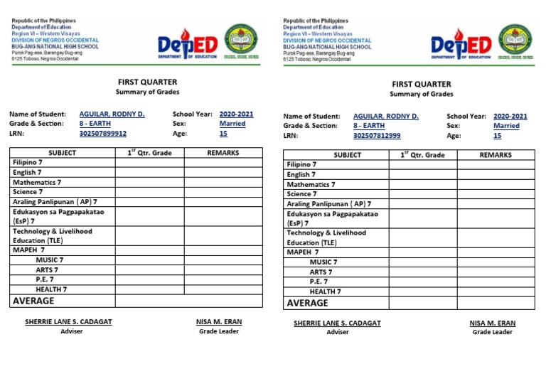 First Quarter Grade Summary for Rodny D. Aguilar | PDF
